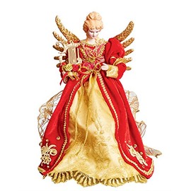 Angel Christmas Tree Decoration - Angel with Red and Gold Harp - Gold Metal Wings