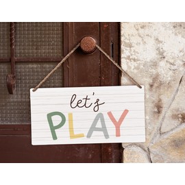 Huester Play Sign - Wooden Plaque, Kids' Playroom Wall Decor, Boho Style, 12x6 Inches