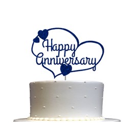 Decoración para tartas con purpurina de feliz aniversario, ideas de decoración de fiesta, decoración de alta calidad, purpurina resistente de doble cara, palo de acrílico. Fabricado en Estados Unidos (azul)