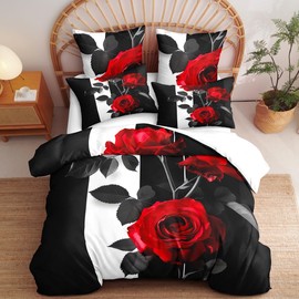 CCoutueChen Romantic Rose Comforter Cover King Size Red Botanical Floral Duvet Cover Black White Striped Bedding Set for Women Men Soft Aesthetic Flower Bed Duvet Cover(2 Pillowcases, No Comforter)
