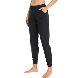 Oalka Women's Joggers High Waist Yoga Pockets Sweatpants Sport Workout Pants Drawstring Black L