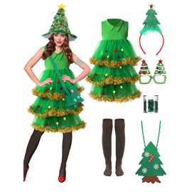 Berlune 7 Pcs Christmas Tree Costume Set for Women Outfit Dress Hat Headband Bag Glasses Frame Socks Sequins