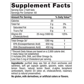 Nordic Naturals Ultimate Omega-D3, Lemon Flavor - 120 Soft Gels - 1280 mg Omega-3 + 1000 IU Vitamin D3 - Omega-3 Fish Oil - EPA & DHA - Promotes Brain, Heart, Joint, & Immune Health - 60 Servings