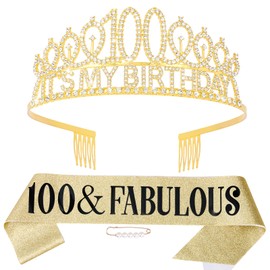 Hapdoo 100th Birthday Decorations Set - Gold Crown & Sash with '100 & Fabulous', Happy 100th Birthday Tiara for Women