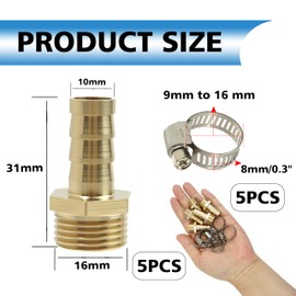 Pack of 5 Brass Hose Nozzle Straight, Hose Connectors 3/8 Inch BSP Male x 10 mm Hose Connector with 5 Pcs Clamps