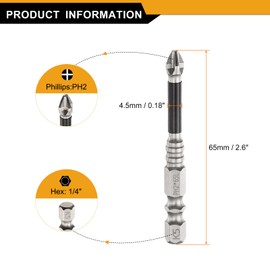 HARFINGTON 5pcs Phillips Screwdriver Bit PH2 Serrated Tip 1/4" Hex Shank 2.6" (65mm) Long Impact Magnetic Anti Slip Cross Screw Driver Industrial Power Drill Bits for Remove Fastening Screws