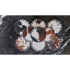 Cowhide Coasters Set of 6 pcs Round Natural Cowhides Drink Pads Hair On Genuine Leather Tea Cup Mats Home Decor & Home Living Ideas Multicolor Furry, Stain Protection
