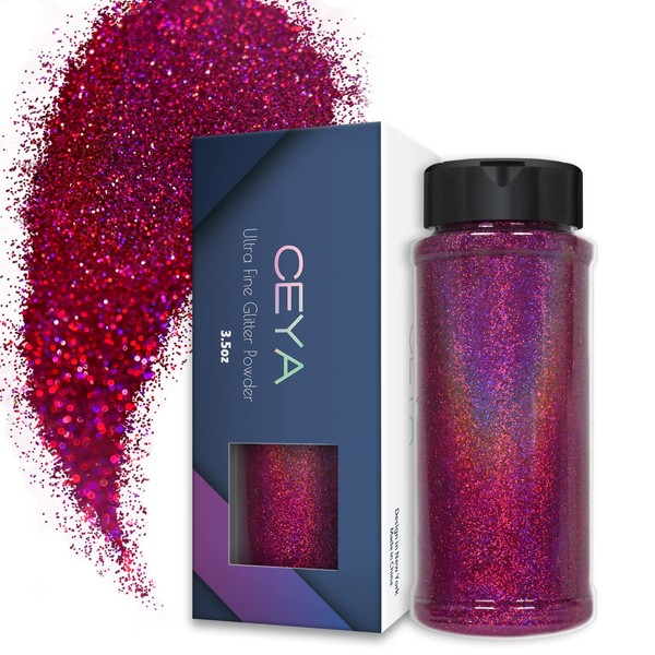 Ceya Holographic Ultra Fine Glitter, 3.5 oz/100 g, Laser Deep Pink Glitter 0.2 mm for Slime, Epoxy Resin Craft Cups, Jewellery, Nail Art, Festival, Make-Up, Painters