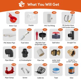 Lielyhod 68 Accessories Complete Set Pipeline Automatic DIY Chicken Waterer Feeder System,with Chicken Water Cups, Poultry Feeder,Ports Hole Saw,PVC Pipeline,Float Valve and Garden Hose,Glue,Tape.