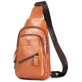 BULLCAPTAIN Mens Leather Sling Bag Backpack Casual Outdoor Shoulder Crossbody Chest Bag with USB Charging Port (Yellow brown)