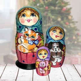 Friendship Cat and Dog 3-Nest Matreshka Wooden Nesting Dolls Set - 14732 by