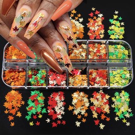 12 Colors Fall Nail Art Stickers Maple Leaf Nail Glitter Sequins 3D Nail Art Accessories Autumn Leaf Shape Flakes Holographic Gold Red Yelloween Maple Leaves Paillettes Designs Acrylic Nails Supplies