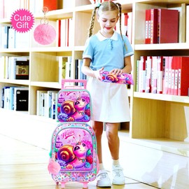 FTJCF 3Pcs Rolling Backpack for Girls, Kids Roller School Backpack with Wheels, Snail Wheeled Bookbag for Elementary Preschool Kindergarten(Pink)