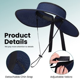 Livingston Straw Visors for Women Roll Up Wide Brim Foldable Sun Hat for Women with Ponytail Hole Beach Visor Straw Hats Blue Navy