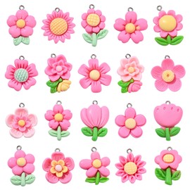 Stiesy 100Pcs Mixed Resin Flower Charms Pendants Pink Trumpet Flower Charm Sunflower Cherry Blossoms Floral Dangle Charms for Jewellry Making DIY Crafting Necklace Bracelet