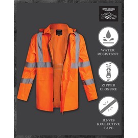 Bass Creek Outfitters Mens Rain Jacket - Waterproof Hooded High Visibility Safety Coat with Reflective Strips, Size Medium, Orange