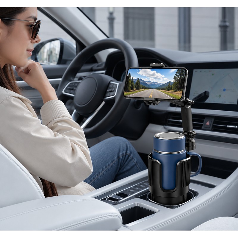 Car Cup Holder Phone Mount – Adjustable Long Arm, 360°