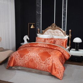 Jacquard King Comforter Set with Beige Sheet Set Orange Bedding Set 8 Pcs Embroidery Neoclassical Floral Elegant Bed Home Decor Soft Down Comforter Luxury Hotel Silky Bed in a Bag with 1 Cushion Cover