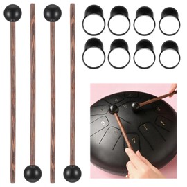 4 Pcs Drum Mallets Steel Tongue Drum Mallets 8 Inch Xylophone Mallet Glockenspiel Sticks Wooden Rubber Percussion Mallet with 8 Drums Finger Sleeves Silicone Knocking Finger Picks for Woodblock Bell