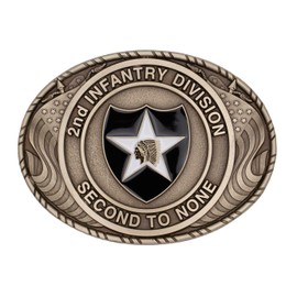 Indiana Metal Craft US Army 2nd Infantry Division Double USA Flag Solid Brass Buckle with Belt, MADE IN USA (Buckle Only)