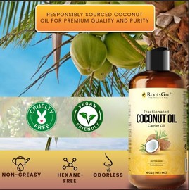 RootsGro Fractionated Coconut Oil – Lightweight, Non-Greasy Carrier Oil for Skin, Hair & Massage – Ideal for Moisturizing, Conditioning & Aromatherapy – Stays Liquid & Absorbs Quickly – 16 Fl Oz