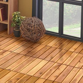Giantex 27 PCS Interlocking Patio Deck Tiles, 12 x 12in Acacia Hardwood Floor Tiles, Tools Free Assembly, 27 sq. Ft Wood Composite Deck Flooring Pavers for Outdoor & Indoor, Stripe Pattern