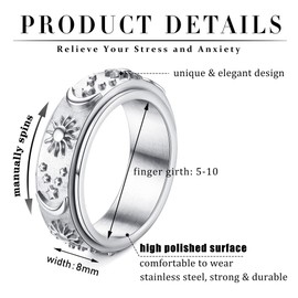 Magitaco Stainless Steel Spinner Rings Fidget Band Rings Moon Star Flower Butterfly Anxiety Rings for Women Men