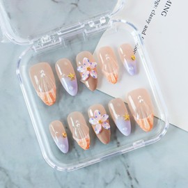 Handmade Press on Nails Purple French Tip Fake Nails with 3D Flower Pearl Starfish Designs Salon Quality False Nail Full Cover Thickened Medium Almond Acrylic Nails Stick on Nail for Women（Size S）