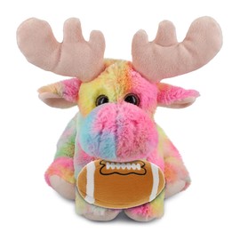 DolliBu Rainbow Floppy Moose Stuffed Animal with Football Plush - Huggable Playtime Plush Toy, Cute Wild Life Gift, Plush Doll Animal Toy for Kids and Adults with Name Personalization - 9 Inches