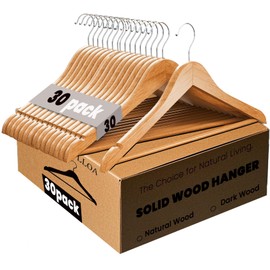 MRTLLOA 6/20/30 Pack Wooden Suit Hangers for Men & Women, Heavy Duty Coat Hangers, Elegant, Durable & Non-Slip, Solid Coat Hanger for Jacket, Suit, Shirt, Jeans (Natural, 30-Pack)