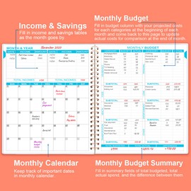 Budget Planner - 8" x 9.5" Monthly Financial Organizer with Expense Tracker Notebook. Monthly Budget Journal, Rose
