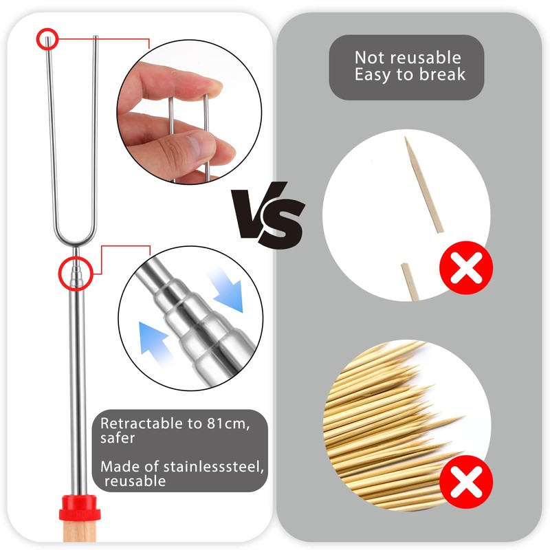 Pack of 8 Barbecue Skewers Telescopic Marshmallow Campfire Grill Fork,