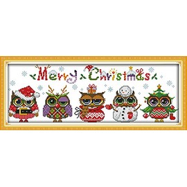 Stitchmelody Stamped Cross Stitch Kits,11CT Printed Pattern Embroidery Kit DIY Home Décor- Christmas Owls 48cm×18cm