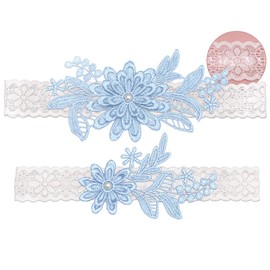 IMOMOTO Juego de ligas blancas de boda para novia, ligas de encaje de silicona antideslizantes con perlas de talla grande, Azul (Sky Blue), L