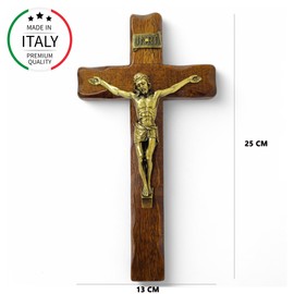 Wooden Crucifix - Wall Mounted - Christ Brass Plated - Made in Umbria Italy - (25 x 13cm)