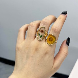 Boho Resin Flower Open Band Wrap Ring 18K Gold Plated Bohemian Transparent Colorful Sunflower Cherry Flowers Statement Comfort Fit Finger Rings for Women Fashion Summer Accessories Jewelry (Cherry)