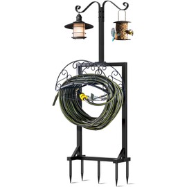 Garden Hose Holder, Upgraded Water Hose Holders with 5 Spikes & 2 Shepherds Hooks, Heavy Duty Metal Hose Stand Sturdy Freestanding Hose Hanger, Detachable Storage Rack, for Outside Yard Lawn