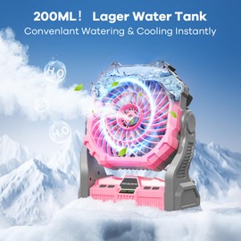 Misting Fan Portable,12000mAh Rechargeable Battery Operated Fan with RGB Light, Personal Cooling Camping Fan for Tents with Timer&Hook, Camping Gear for Fishing, Beach, Travel, and Hurricane(Pink)