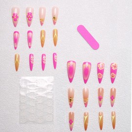 24Pcs Summer Beach Press on Nails Long Stiletto Fake Nails Pink French Tip False Nails with Flower Rhinestone Design Acrylic Nails Press ons Glossy Full Cover Stick on Nails for Women Artificial Nails