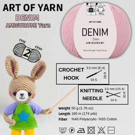Art of Yarn Denim 55% Cotton,45% Poliacrylic, 4 Skeins Total 200gr (7,055 oz),640m (699 yds),Soft & Smooth Yarn Sport – Fine(2) for Crocheting, Knitting, Amigurumi, Baby Blankets, Baby Garments 99936