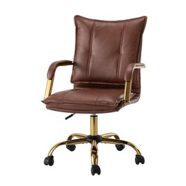 TINA'S HOME Faux Leather Home Office Desk Chair, Adjustable Swivel Computer Chair with Golden Legs and Arms, Comfy Upholstered Task Chair,Brown