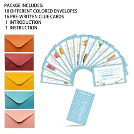 HEZNZXQ Birthday Treasure Hunt Clues Game Cards, Scavenger Hunt Card Game (18 Cards with Colorful Envelopes), Indoor Birthday Party Games Supplies Activities (A01)