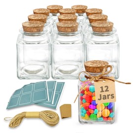 ELAORY 12 Pack Small Glass Jars with Lids,3.4 oz Small Jars with Lids, Mini Glass Bottles with Cork, Glass Jars with Cork Lids, Mini Jars with Twine and Labels for Favors, DIY Crafts, Candy, Potion