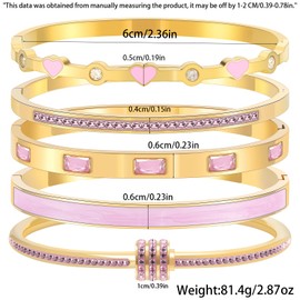 Camhanno 18K Gold Plated Stainless Steel 5-Piece Gold Bangle Bracelet Set for Women - Pink Crystal Friendship & Love Heart Design, Stackable Bangles Jewelry - Ideal Birthday Gift for Women (Pink)