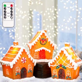 FLAVCHARM Christmas LED Flameless Candles, 3 Pack Gingerbread Christmas House Handmade Flickering Village House Battery Operated with Remote, Novelty Light Home Decoration Tabletop