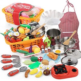 AFujia Juguete de Cocina con Utensilios, Olla de Sopa y Cocina a Gas, Cubiertos, Cesta de la Compra - Regalo de Aprendizaje para Niñas y Niños Mayores