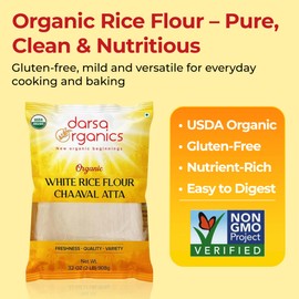 Darsa Organics White Rice Flour - Premium Organic, USDA Certified, Non-GMO, Gluten-Free Rice Flour Powder for Baking & Cooking, Chemical-Free, Long Shelf Life, Food Grade Pouch - 2 lb (908g)