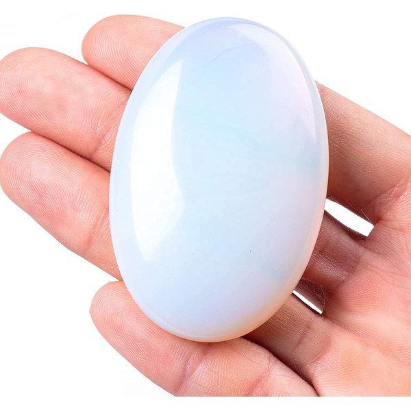NUOTE White Opal Stone Palm Stone Crystal - Natural Chakra Reiki Polished Healing Thumbed Oval Pocket Worry Stone Crystals for Anxiety Stress Relief Therapy, Reiki Healing