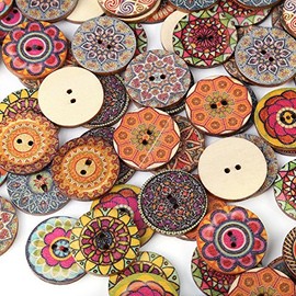 Botones de madera vintage de patrón mixto, 25 mm, 100 piezas, 2 agujeros, decorativos para manualidades de costura DIY