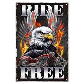 WADORN Vintage American Bald Eagle Motorcycle Metal Tin Sign, Eagle Motorbike Retro Tin Sign Hanging Decor American Bald Eagle Metal Wall Plaque Decoration for Garage Ride Free Decor, 11.81x7.87 Inch